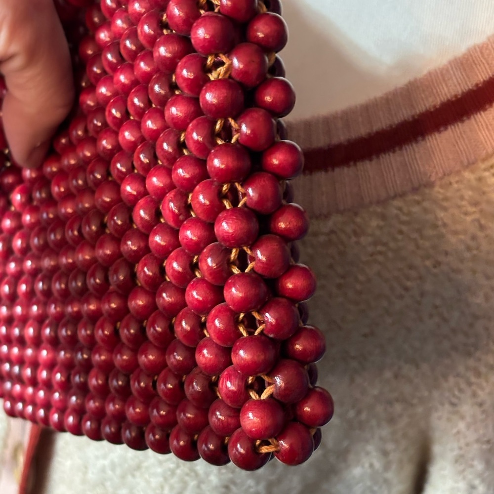 VINTAGE WALBORG bag, 60s/70s ruby red wooden bead clutch/hand bag JAPAN - Picture 14 of 16